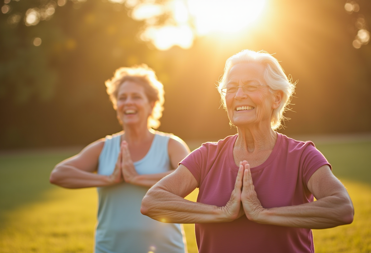 Възрастна жена практикува йога в спокойна обстановка